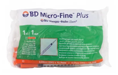 Изображение Шприцы инсулиновые Микро-Файн Плюс / Micro-fine Plus 100МЕ/1мл с иглой 29G (0.33мм*12.7мм), 10 шт.